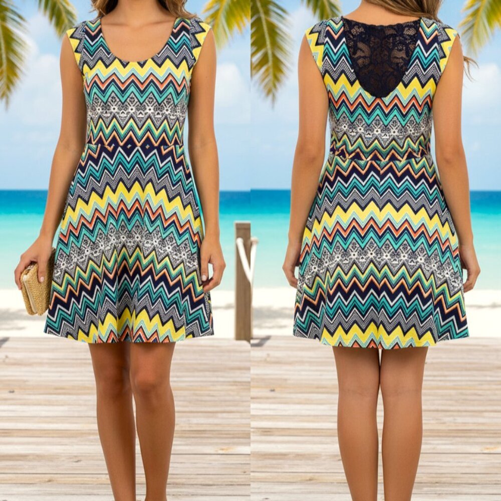 Derek Heart Juniors Multi-Color Zig-Zag Chevron Print A-Line Dress with Lace on